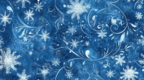 A seamless design featuring swirling snowflakes and frosty leaves, creating a repeating pattern with a winter feel