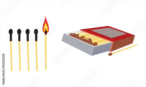 Match box with burnt sticks. Set of matchsticks with sulfur head flaming stages from ignition to extinction. Cartoon spark bonfire vector illustration
