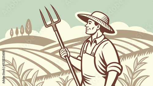 Illustration of a farmer holding a pitchfork in a field with trees and clouds in the background created with generated ai