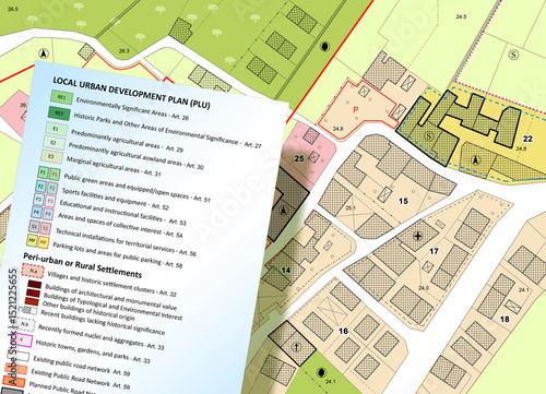 URBAN DEVELOPMENT AND URBAN ZONING MAP CONCEPT - Fictional land registry and General Urban Plan with zoning regulations, land use classification, buildable areas and urban planning destinations