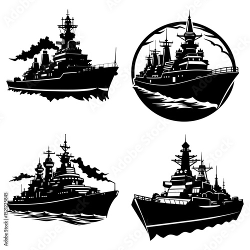 Silhouette illustration of four battleships in various styles and perspectives on a white background