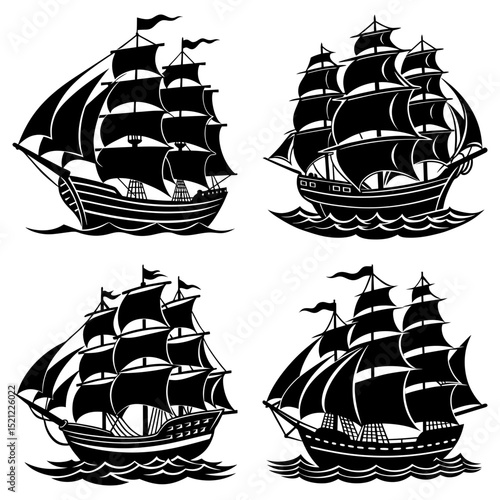 Four detailed black silhouettes of sailing ships with multiple masts and billowing sails on wavy seas design