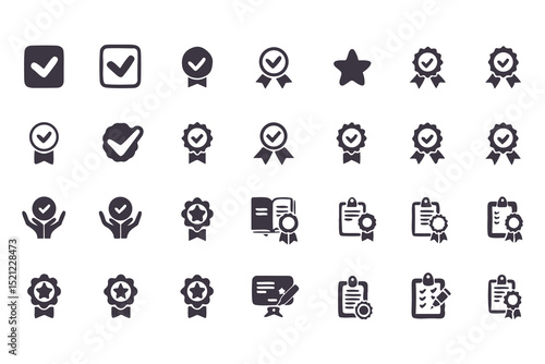 Checkmark and Approval Icon Set. Black Silhouette Vector Glyphs of Validation, Certification, Checklists, Documents, Awards and Security Verification. Vector Illustration