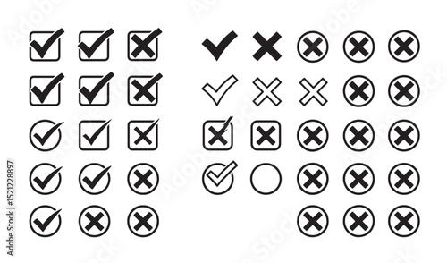 Collection of check marks and crosses symbols in various styles for design elements