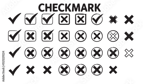 Collection of checkmark and cross symbols in various styles and designs for selection or rejection
