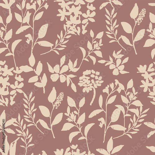 Warm dusty rose botanical pattern with cream florals Vector repeat pattern