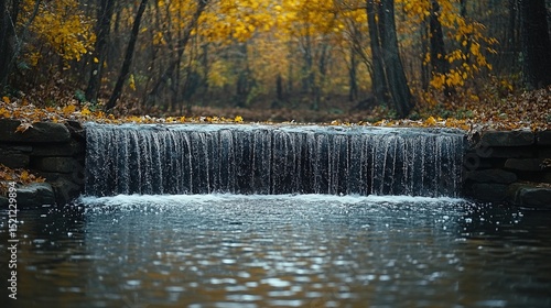 Serene Autumn Waterfall in a Golden Forest