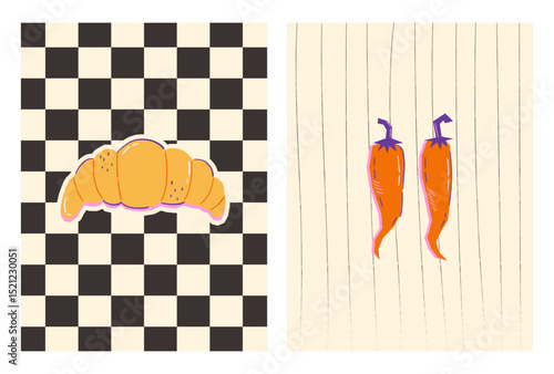 Set of abstract kitchen posters with geometric croissant and chili peppers. Whimsical food illustrations on checkered and striped backgrounds. Vector graphic