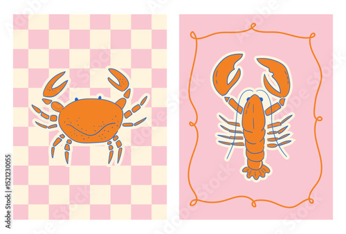 Hand drawn crab and lobster on pink backgrounds. Abstract dolce vita posters with seafood. Whimsical mediterranean food illustrations. Vector graphic