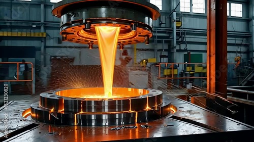 Industrial Molten Metal Pouring Process in Foundry with Glowing Orange Liquid and Heavy Machinery