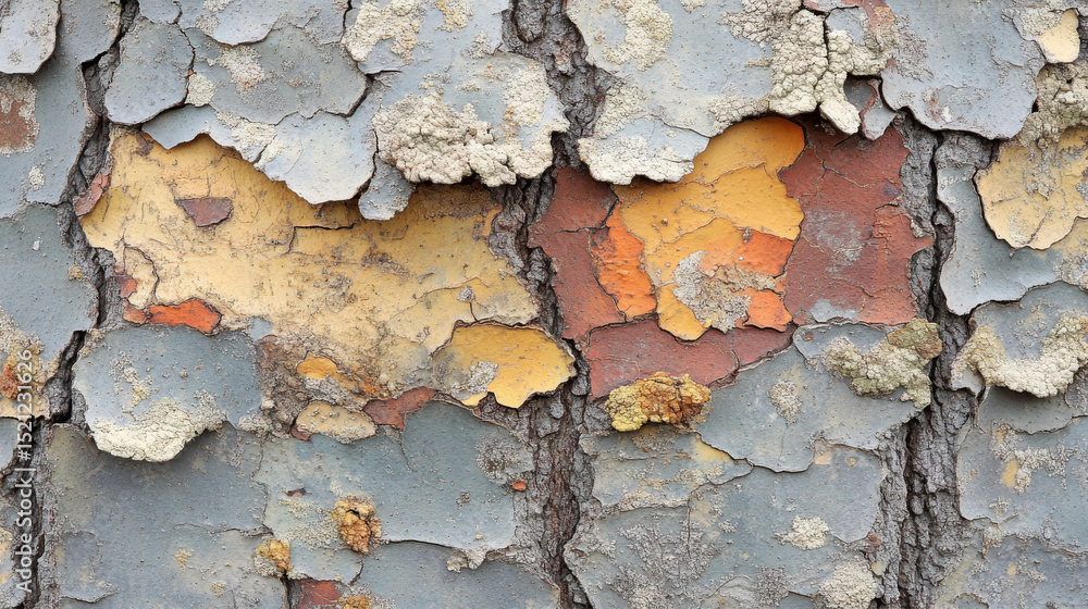 Obraz premium Features of the American or London plane tree (Platanus occidentalis), including trunk, bark, foliage, and fruit, showcasing the tree’s varied coloration