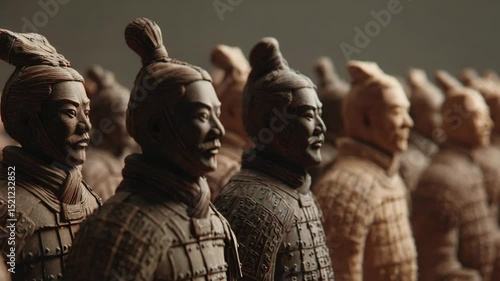Close up view of numerous terracotta warrior figurines arranged in a row, exhibiting intricate details and varying shades of brown. Subtle lighting accentuates texture and depth.