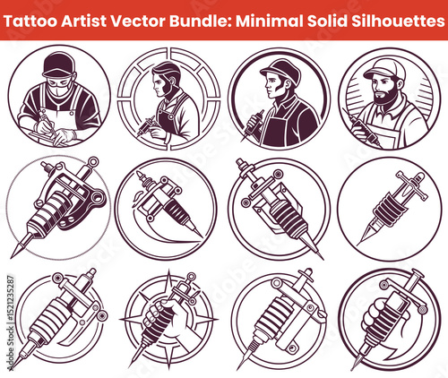 Tattoo Artist Men Silhouettes with Tattoo Machine Icons in Circle Bundle
