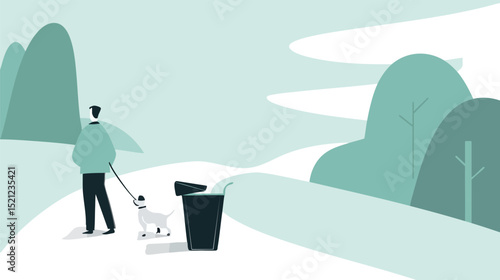 Man walking his dog is ignoring a garbage can and polluting the environment by leaving trash on the ground, environmental damage concept
