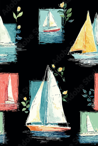 Seamless pattern with colorful sailboats sailing on a dark background with flowers and leaves, perfect for summer projects