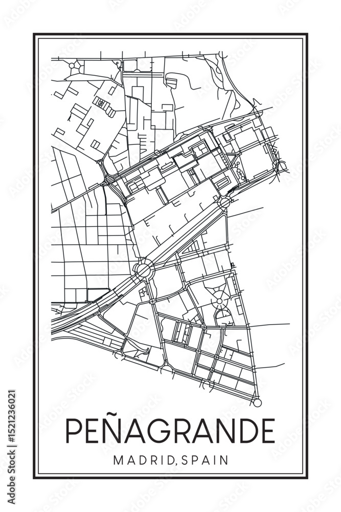 Fototapeta premium Hand drawn printable downtown road map poster of borough PEÑAGRANDE of the Spanish city of MADRID on solid white background with city name