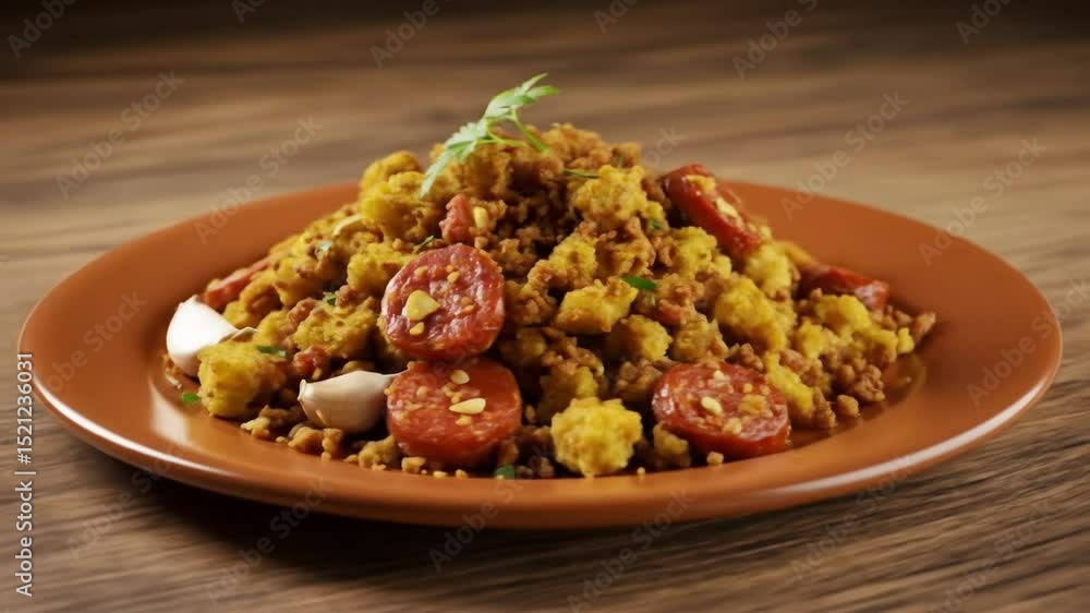 Fried Croutons With Sausage And Garlic On Plate Fried Croutons With Sausage And Garlic On Plate