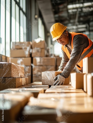 Asian male warehouse worker wearing safety gear while organizing cardboard boxes in large industrial facility

