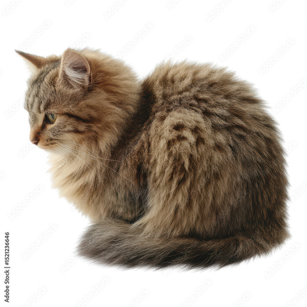 Fototapeta premium A fluffy cat sitting gracefully with a side profile, showcasing its soft fur and attentive demeanor, against a white isolated background.