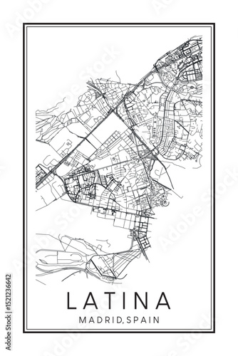 Hand drawn printable downtown road map poster of borough LATINA of the Spanish city of MADRID on solid white background with city name