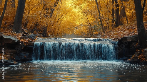 Serene Autumn Waterfall in a Golden Forest