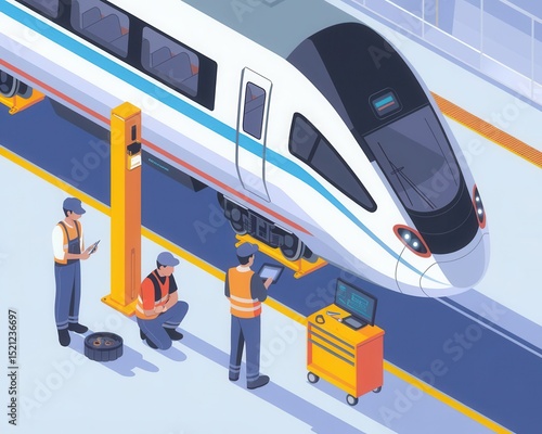 Modern train maintenance crew performing diagnostics and repairs in depot