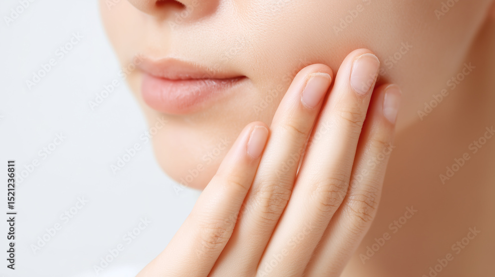 Closeup of fingers gently touching smooth cheek with soft skin and natural lips, showing delicate care and tenderness in minimalistic beauty concept Closeup of fingers gently touching smooth cheek with soft skin and natural lips, showing delicate care and tenderness in minimalistic beauty concept