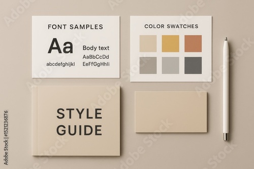 Style guide layout with font samples, color swatches, blank cards and pen on beige background, flat lay composition