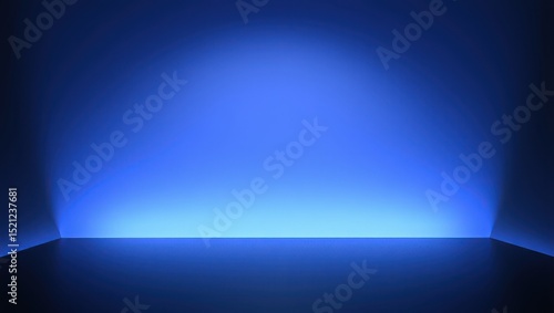 Minimal Blue Studio Background with Glowing Gradient Light and Reflective Floor, Futuristic Empty Room, Ideal for Product Display, Tech Presentations, and Digital Branding