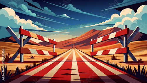 In a quiet rural scene, a vivid red-and-white barrier dominates the close-up frame, casting a bold shadow across the dusty road — a silent symbol of caution, pause, and untold stories.