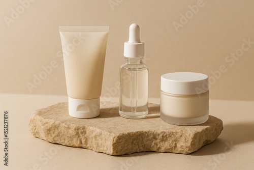 Set of skincare products on natural stone platform for minimal cosmetic branding organic beauty mockup and clean skincare visuals