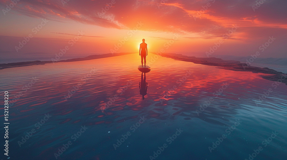 Fototapeta premium Serene Morning: Surfer's Reflection on Calm Waters