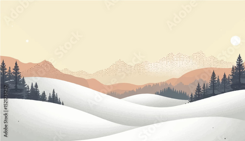 Vintage-style snowy hills with grainy noise, abstract dotted mountain range and pointillist grunge texture overlay. Mounted landscape in retro halftone vector illustration.
