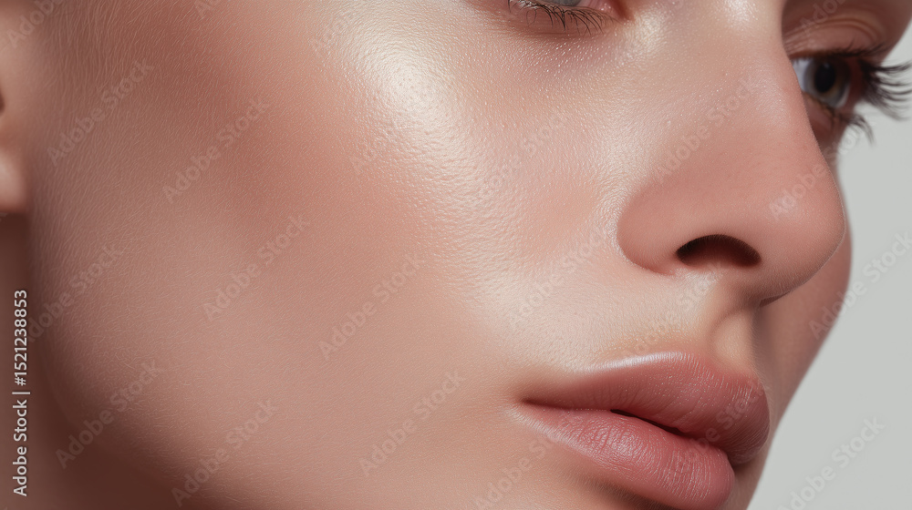 Obraz premium Closeup of cheekbone area under natural white light showing smooth skin texture and soft lips with subtle makeup enhancing natural beauty and healthy complexion