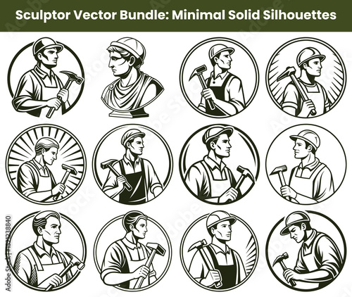 Sculptor Silhouette Bundle Men Holding Hammers with Circle Frames Icons
