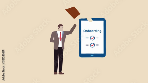 Man finishing onboarding checklist on a digital tablet with a document in his hand showing completion
