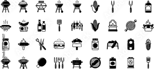 BBQ barbecue and grill related editable stroke outline icons set isolated on white background flat vector illustration. Pixel perfect. 64 x 64..
