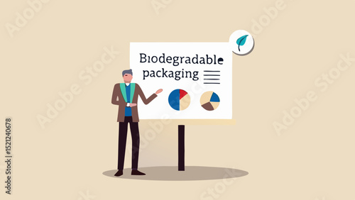 Presentation on biodegradable packaging with pie charts and a presenter standing beside it all in a room