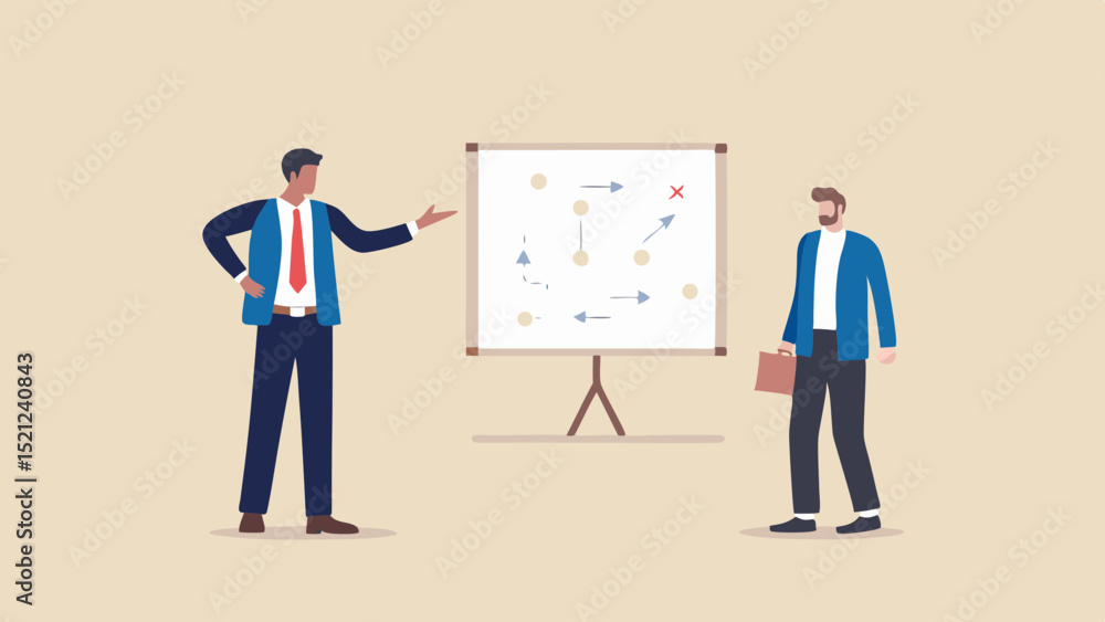 Fototapeta premium Two businessmen discussing strategy on a whiteboard with arrows and circles in a presentation setting