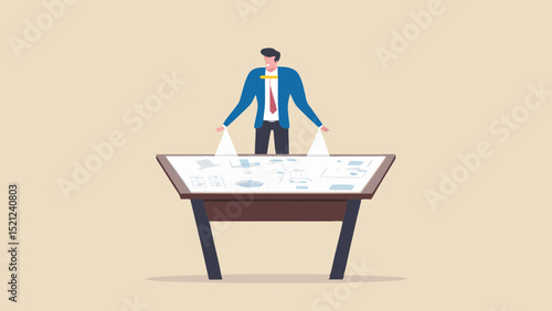 Man in suit presenting data on interactive table with spotlight in a light beige background scene