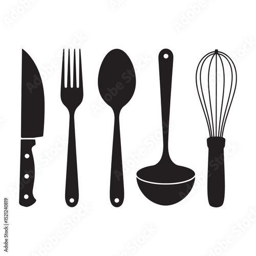 Black Silhouette of Kitchen Utensils Knife Fork Spoon Whisk Ladle