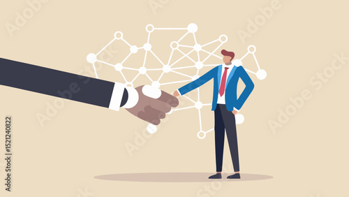 Illustration of a handshake between a large hand and a businessman in front of a network diagram