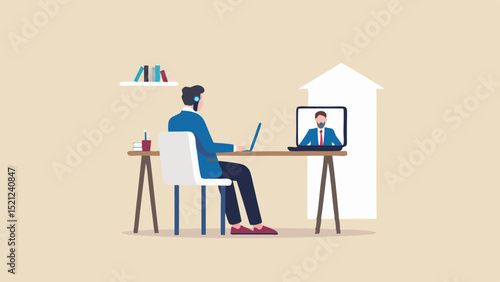 Man in blue suit having a video call on laptop while sitting at a desk in a home office setting