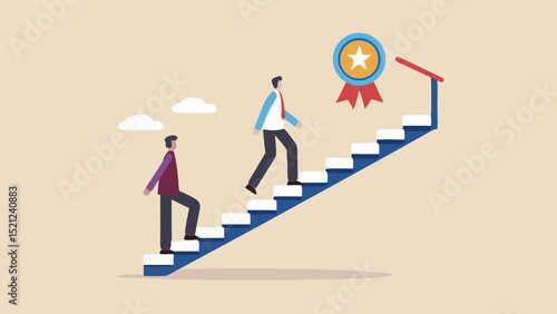 Two men climbing stairs towards a golden star badge, representing success and achievement in business