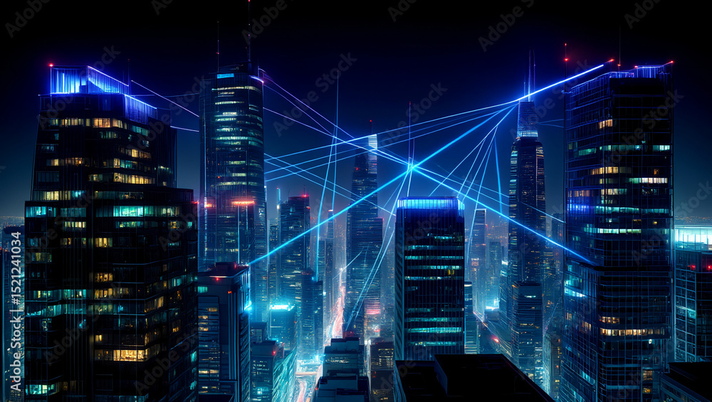 Obraz premium Futuristic city skyline at night with glowing network connections illustration