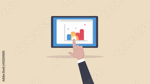 Hand touching a tablet displaying a colorful bar graph on a beige background illustration
