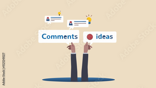 Hands emerging from a hole holding comment and ideas bubbles with lightbulbs and user icons above