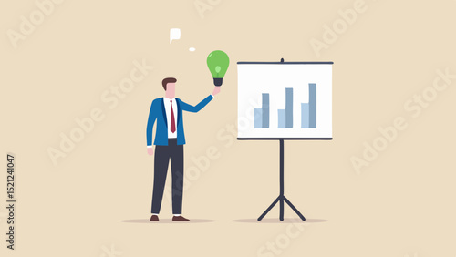 Businessman presenting a bar graph on a whiteboard while holding a green light bulb in his hand