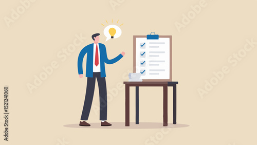 Man in suit with lightbulb idea next to checklist on table with cup of coffee or tea near by him