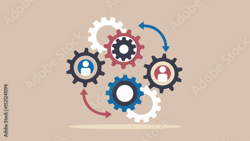 Illustration showing gears with people icons and arrows representing process flow and teamwork dynamics